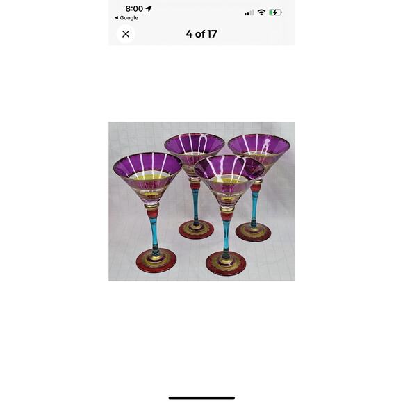 4 Pier 1 Festive Martini Glasses Blown Colorful Purple Stripe Gold Accent 8" Set - Picture 8 of 14